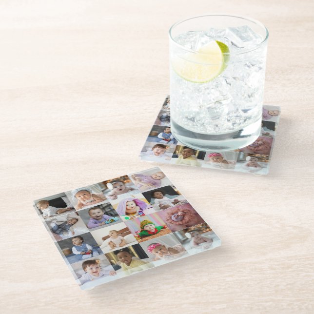 Design Your Own 16 Photo Collage Glass Coaster (Angled)