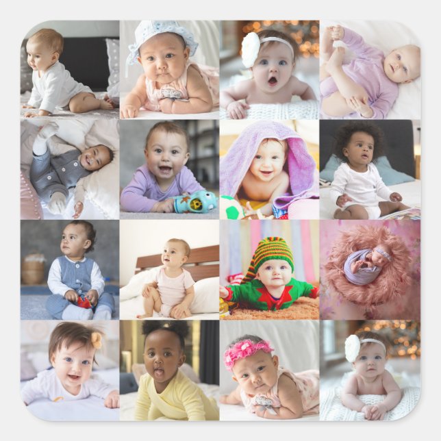 Design Your Own 16 Photo Collage Square Sticker (Front)