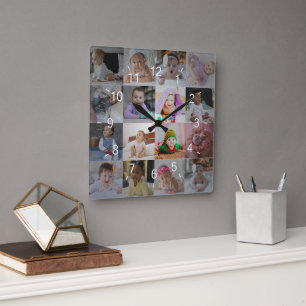 Design Your Own 16 Photo Collage Square Wall Clock