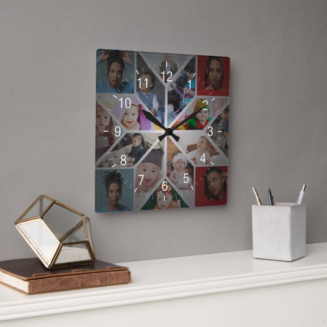 Design Your Own 16 Photo Collage Square Wall Clock (Office)