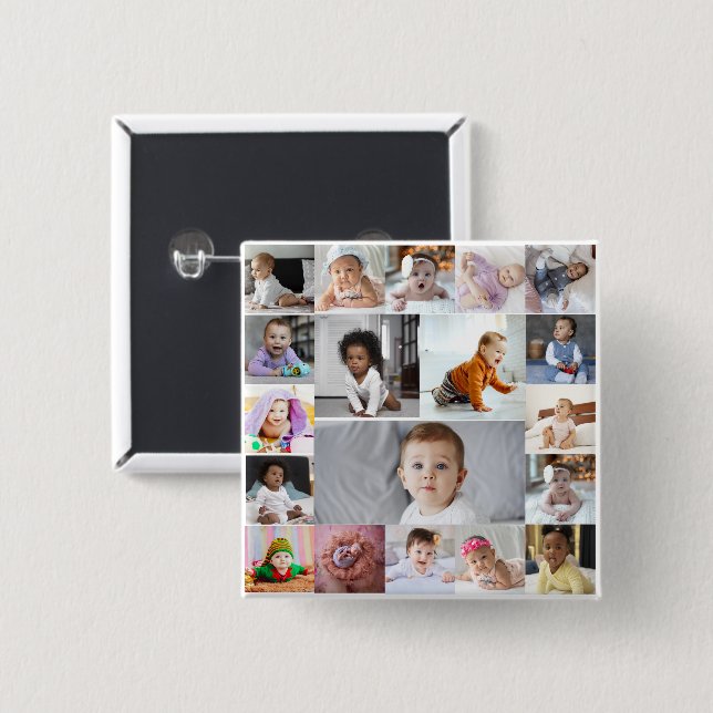 Design Your Own 19 Photo Collage 2 Inch Square Button (Front & Back)
