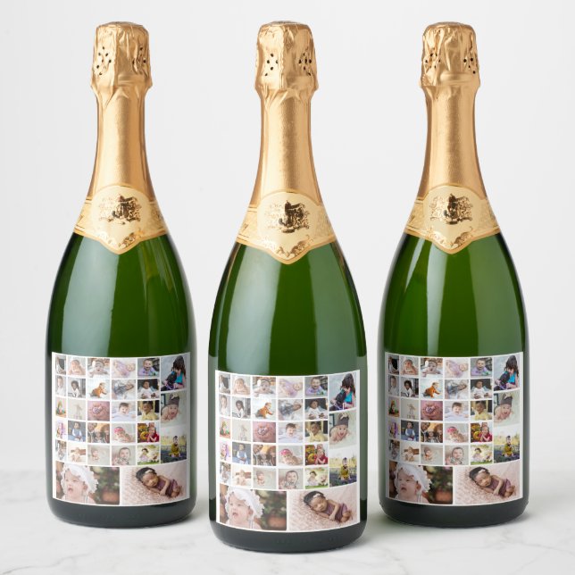 Design Your Own 30 Photo Collage Sparkling Wine Label (Bottles)