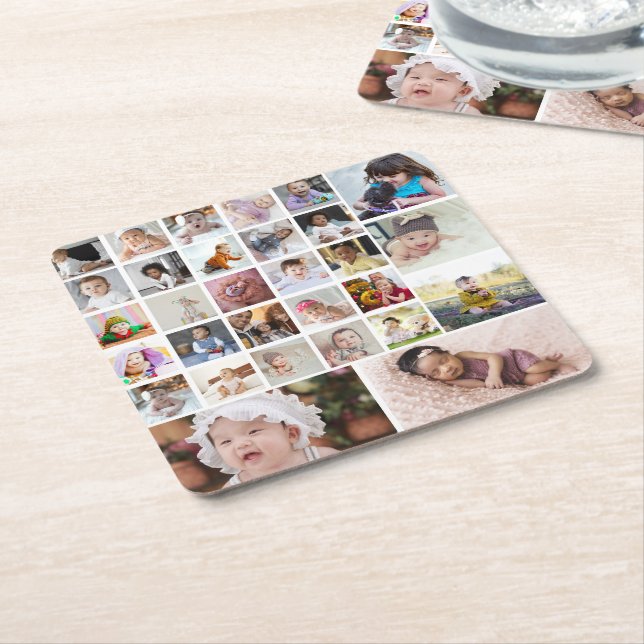 Design Your Own 30 Photo Collage Square Paper Coaster (Angled)