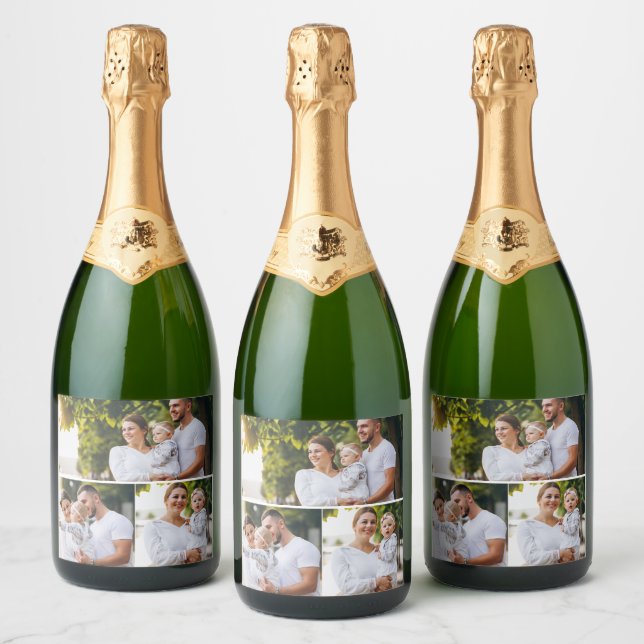Design Your Own 3 Photo Collage Sparkling Wine Label (Bottles)