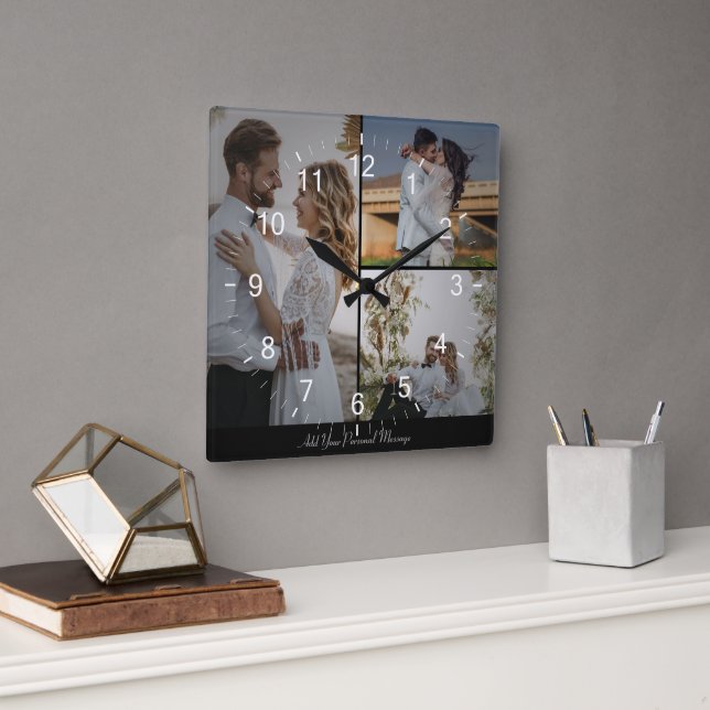 Design Your Own 3 Photo Collage Square Wall Clock (Office)