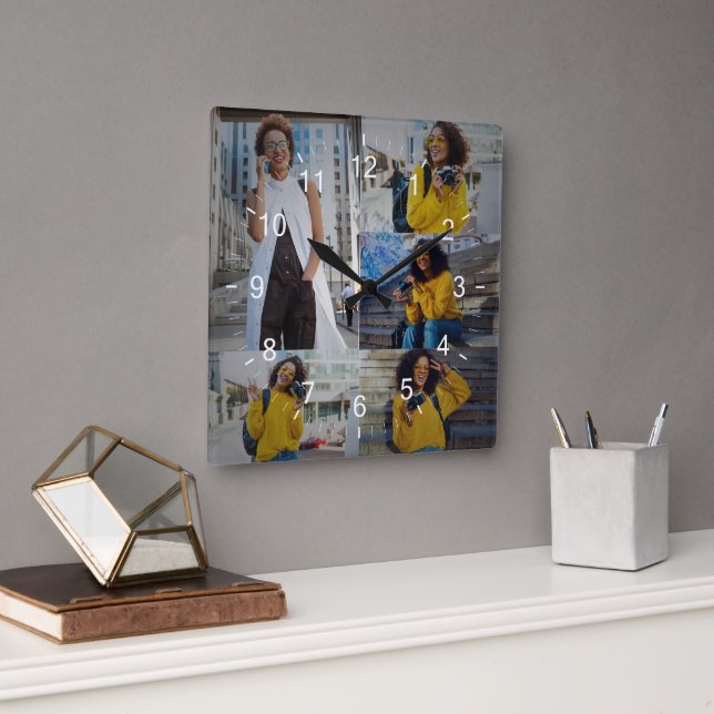 Design Your Own 5 Photo Collage Square Wall Clock (Office)