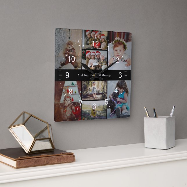 Design Your Own 8 Photo Collage Square Wall Clock (Office)