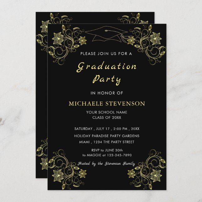 Design Your Own Black Gold Graduation Invitation (Front/Back)
