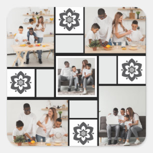 Design Your Own Floral 5 Photo Collage Square Sticker