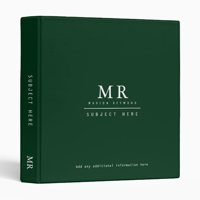 Design your own monogrammed classy green binder (Front/Spine)