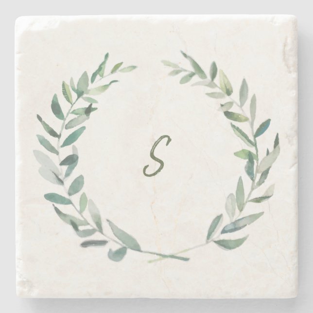 Design your own rustic watercolor leaves monogram stone coaster (Front)