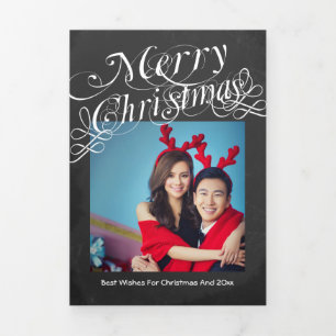 Design Your Own Ten Photo Collage Chalkboard Tri-Fold Holiday Card