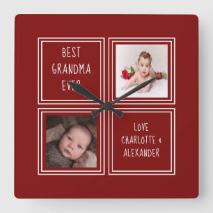 Design Your Own Two Photo Red Template Square Wall Clock