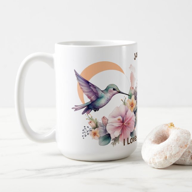 Design Your Own Watercolor Hummingbird Custom Name Coffee Mug (With Donut)