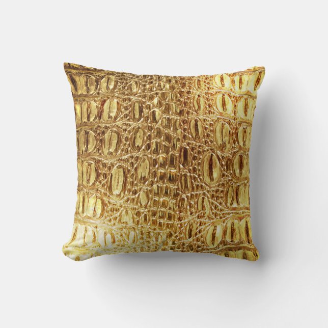 Designer Alligator Crocodile Skin Shiny Gold Throw Pillow (Front)