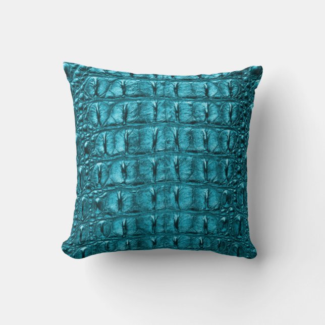 Designer Alligator Crocodile Skin Turquoise Blue Throw Pillow (Front)