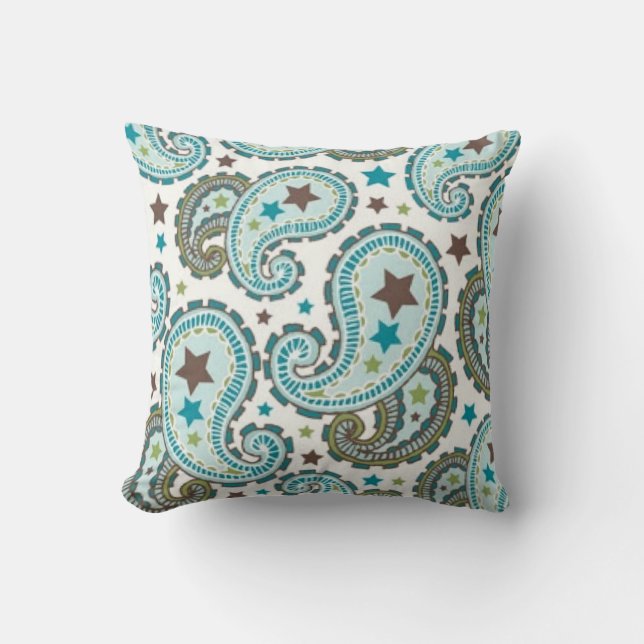 Designer Aqua and Sage Paisley Throw Pillow (Front)