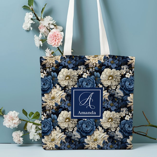 Designer Blue Flowers Personalized Tote Bag (Designer Blue Flowers Personalized Tote Bag)