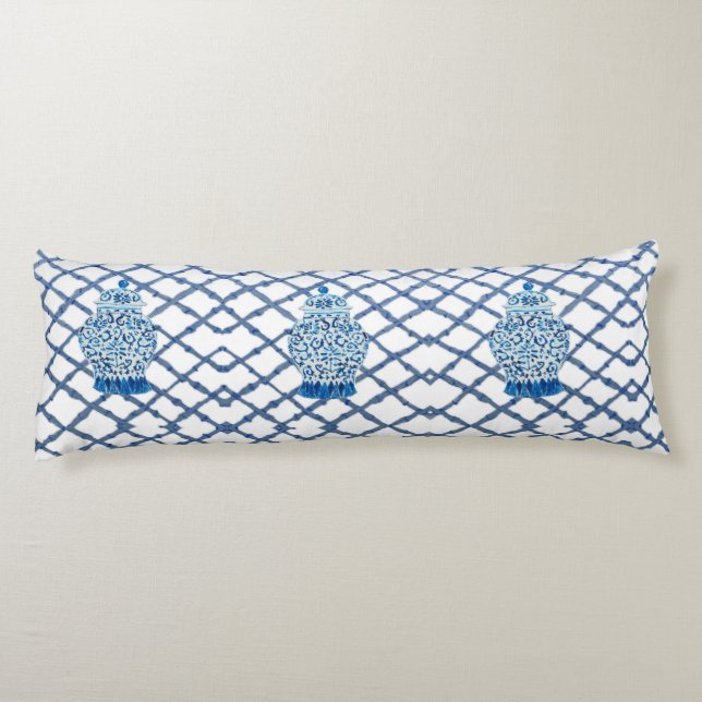 Designer Blue White Ginger Jar Jars  Body Pillow (Back)