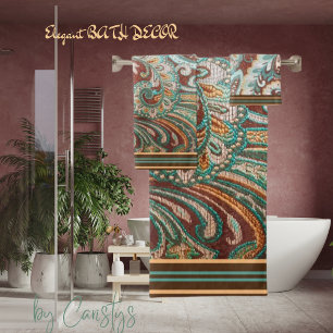 Designer Brocade in Brown, Teal and Gold Bath Towel Set