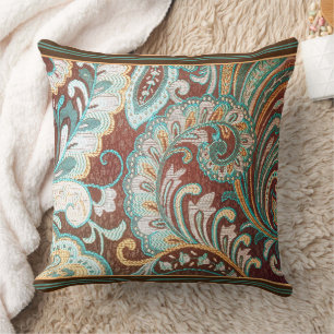 Designer Brocade in Brown, Teal and Gold  Throw Pillow