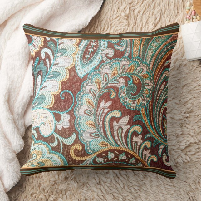 Designer Brocade in Brown, Teal and Gold  Throw Pillow (Blanket)