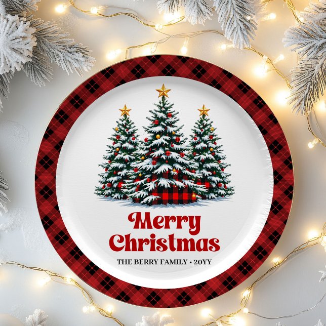 Designer Buffalo Plaid Tree Name Christmas Paper   Plate (Designer Buffalo Plaid Tree Name Christmas Paper Plates)