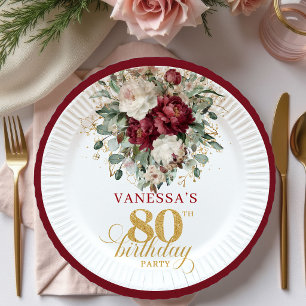 Designer Burgundy Floral Gold 80th Birthday Paper Plate