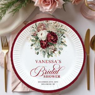 Designer Burgundy Floral Gold Bridal Shower Paper  Plate