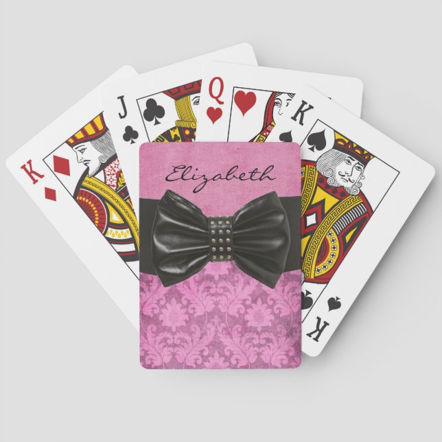 Designer Elegant Damask Pink With Black Bow Art Playing Cards (Back)