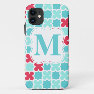 Designer Monogram Red & Blue Quatrefoil Pattern iPhone 11 Case