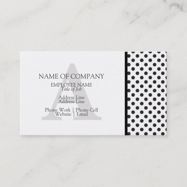 Designer Monogram Stylish Black White Polka Dots Business Card (Front)