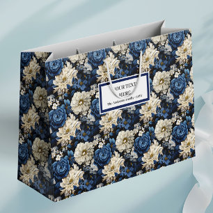 Designer Navy Blue Ivory Floral Chic Gift Bag