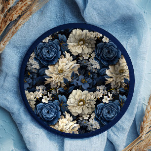 Designer Navy Blue Ivory Floral Chic Paper Plates