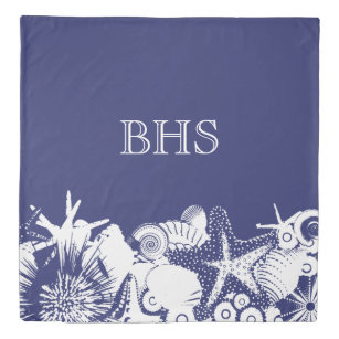 Designer Navy Blue & White Artsy Seashell Monogram Duvet Cover