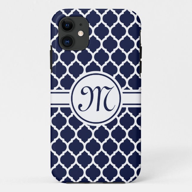Designer Navy Monogrammed Moroccan Lattice Pattern Case-Mate iPhone Case (Back)