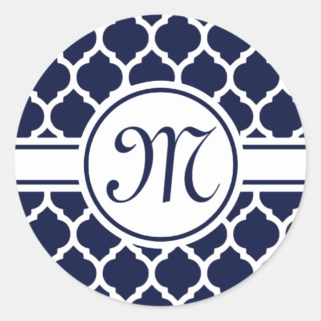 Designer Navy Monogrammed Moroccan Lattice Pattern Classic Round Sticker (Front)