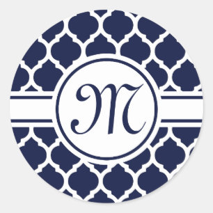 Designer Navy Monogrammed Moroccan Lattice Pattern Classic Round Sticker