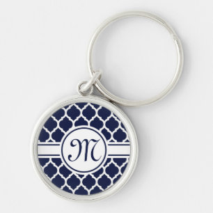 Designer Navy Monogrammed Moroccan Lattice Pattern Keychain