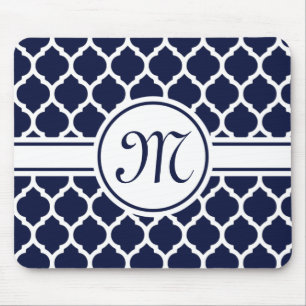 Designer Navy Monogrammed Moroccan Lattice Pattern Mouse Pad