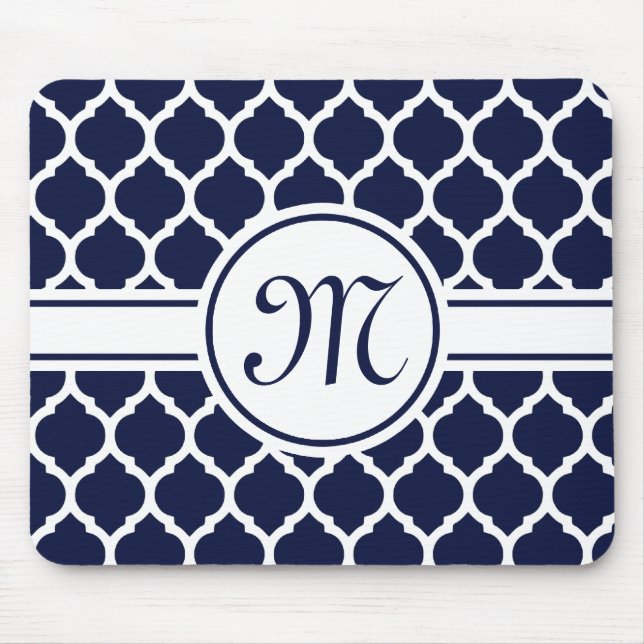 Designer Navy Monogrammed Moroccan Lattice Pattern Mouse Pad (Front)