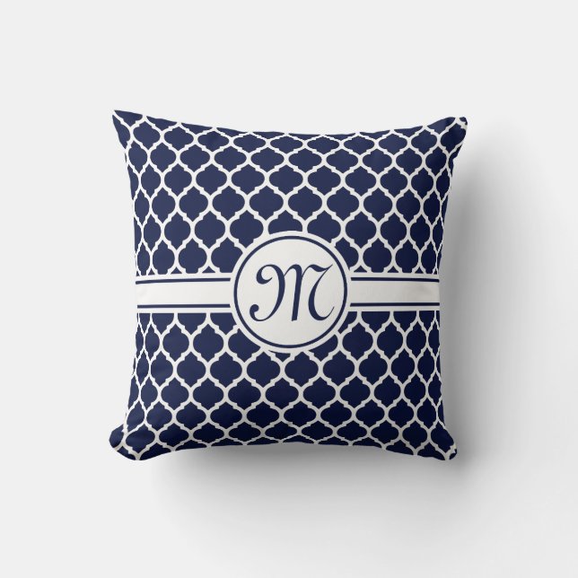 Designer Navy Monogrammed Moroccan Lattice Pattern Throw Pillow (Front)