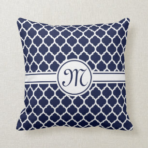 Designer Navy Monogrammed Moroccan Lattice Pattern Throw Pillow