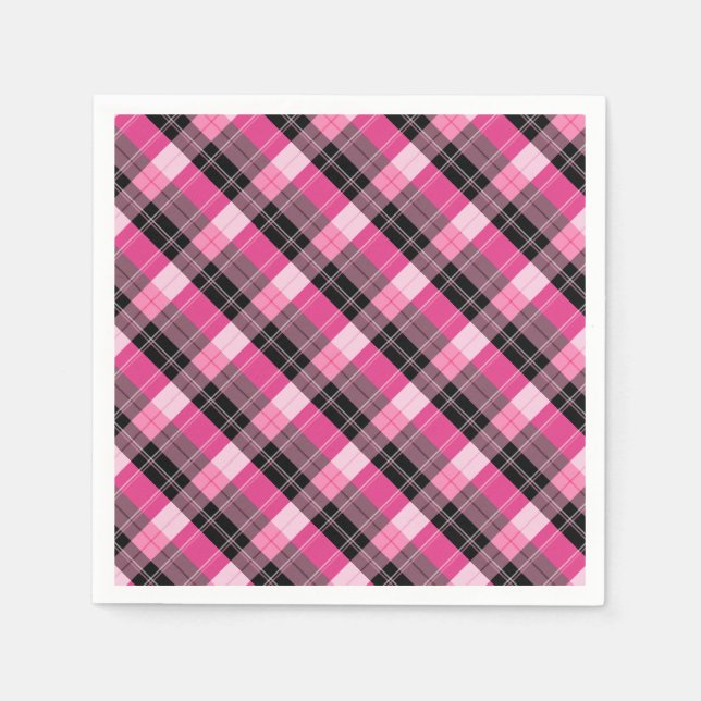Designer plaid /tartan pattern pink and Black Napkin (Front)