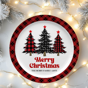 Designer Plaid Tree Holiday Custom Name Paper  Plate