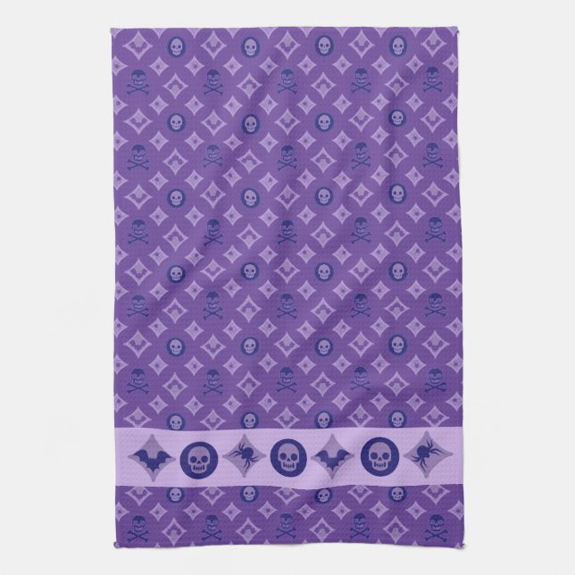 Designer Purple Halloween, Chic LV Skull Pattern Kitchen Towel (Vertical)