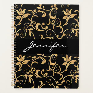 Designer Royal Black and Gold Damask Personalized Planner