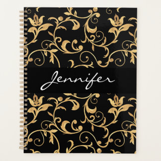 Designer Royal Black and Gold Damask Personalized Planner