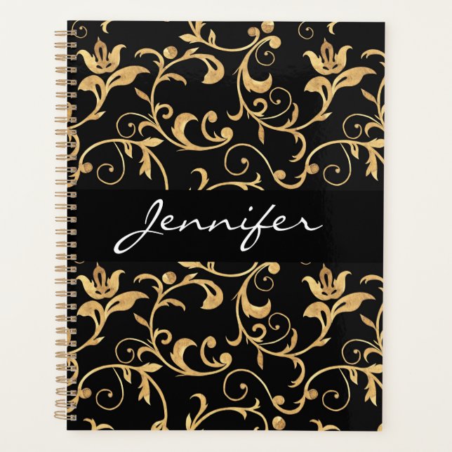 Designer Royal Black and Gold  Damask Personalized Planner (Front)