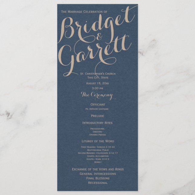 Designer Text Navy Blue Wedding program (Front)